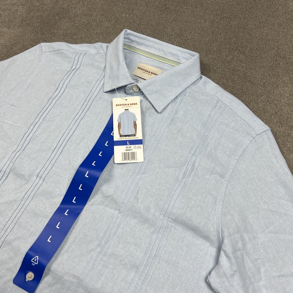 NEW Scotch & Soda Mens Large Blue Linen Blend Shirt Short Sleeve Button up